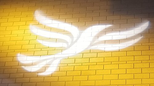 Lib Dem logo bird projected on blockwork