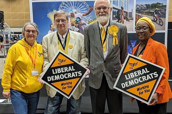 Graham Eaton at the 2024 Local Election Count with Paul Trendall, Nana Oguntola, and Rebecca Cave